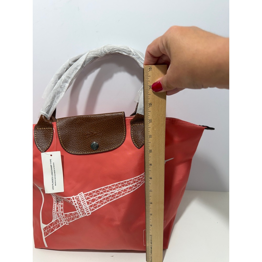 NWT Longchamp Coral orange red,brown Le Pliage Tote bag.Ltd Edition Eiffel Tower - Picture 2 of 14
